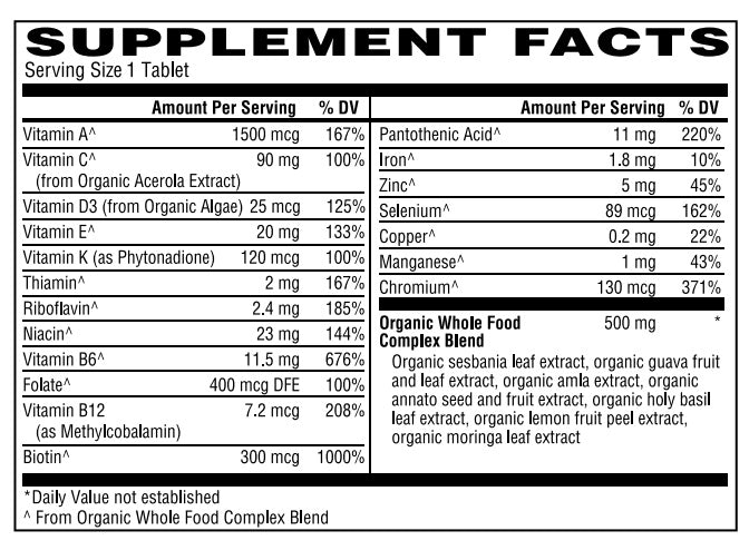 Supplement facts for organic whole food blend