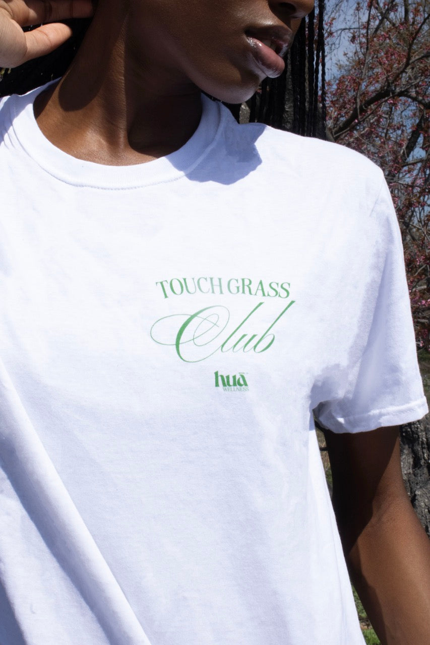 Close up photo of Touch Grass Club t-shirt