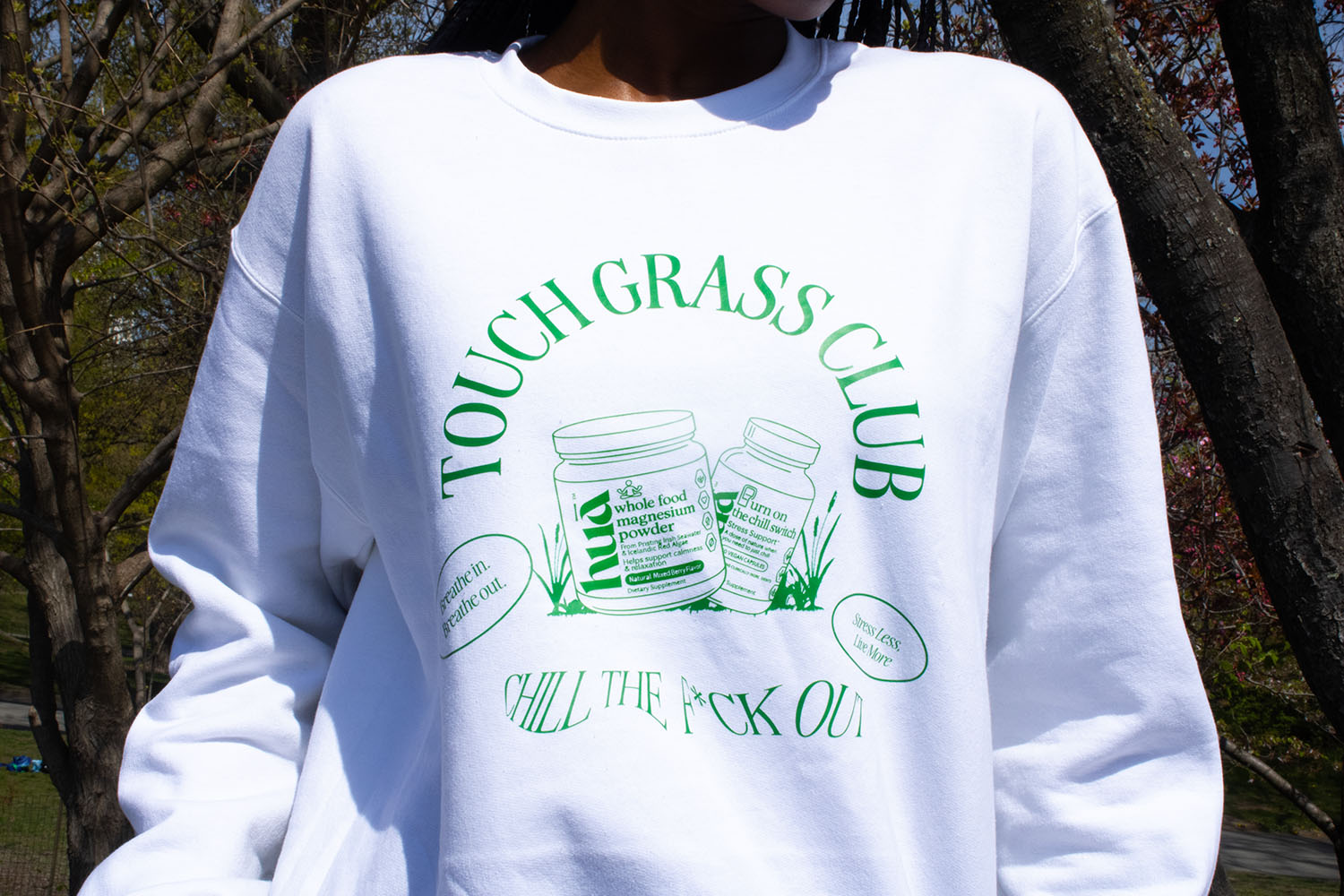 Closeup photo of Touch Grass Club sweatshirt
