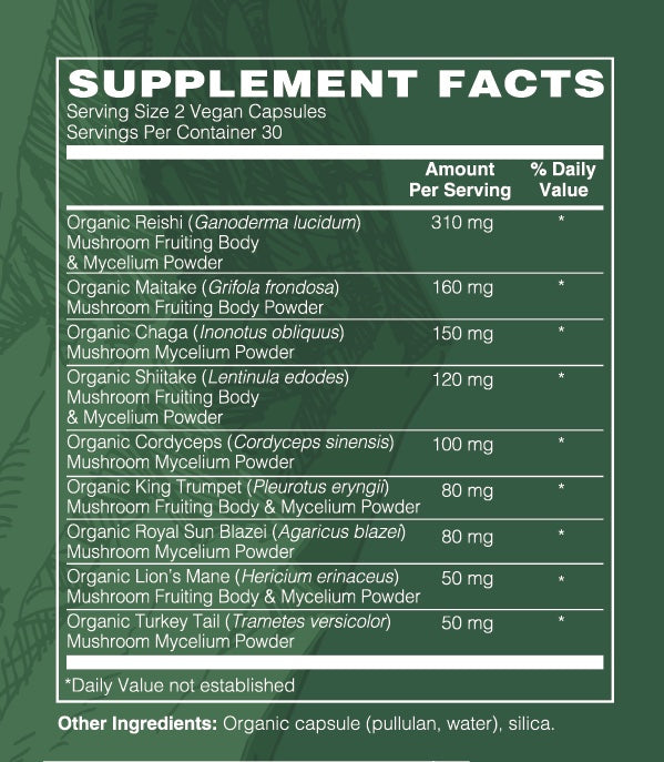 Supplement facts for HUA Wellness Organic Mushroom Immune Support Supplement