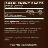 Supplement Facts for HUA Wellness Whole Food Magnesium Powder Supplement in Lemon flavor for Sleep, Stress, Muscle Recovery and more. Experience the benefits of magnesium with this premium powder supplement.